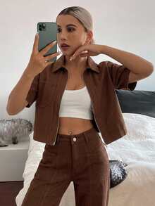 DAZY 女款棉質領口短袖拉鍊棕色純色短版牛仔外套配寬腿長褲牛仔套裝 - 棕色 - 查看 3