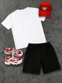 2pcs/Set Teen Boy Casual White Contrast Stitch Design Crew Neck T-Shirt And Shorts Set, Fashion For Daily Commute And Sports Wear - Multicolor - View 2