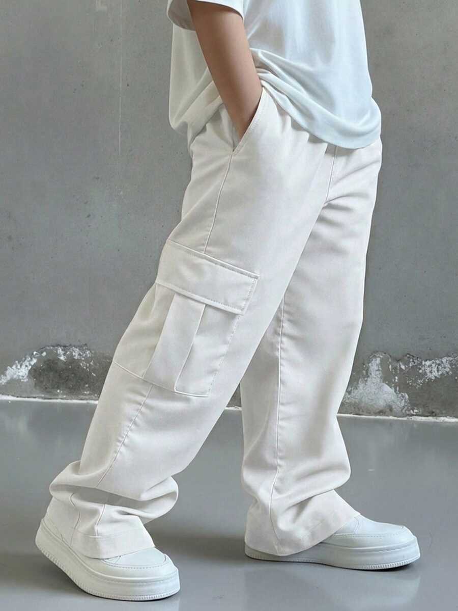 青少年男孩休閒日常舒適工裝口袋直筒寬鬆長褲,白色工裝褲,新年,6-7歲適用,適合外出、上學,春、夏、秋、冬四季 - 白色 - 查看 1