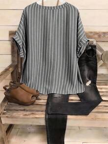 Linhara Plus Size Women's Black Loose Casual Spring/Summer H-Line Notch Neck Rolled Cuff Striped Print Casual Shirt - Black - View 2