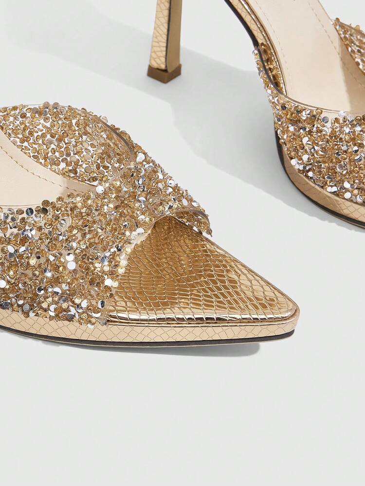 CUCCOO SZL Ladies' New Low-Water Table Rhinestone Pointed Stiletto Gorgeous High Heels With Open-Toed Sandals, Suitable For Banquets, Parties, Weddings, And Proms