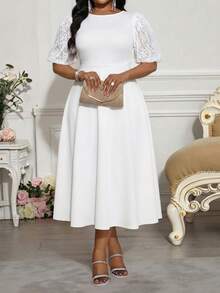 SHEIN Lady 大码女式圆领撞色蕾丝花瓣袖优雅连衣裙 - 白色 - 查看 8