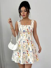 Rafferiza Ditsy Floral Square Neck Tie Waist A-Line Sleeveless Dress For Women - Multicolor - View 7
