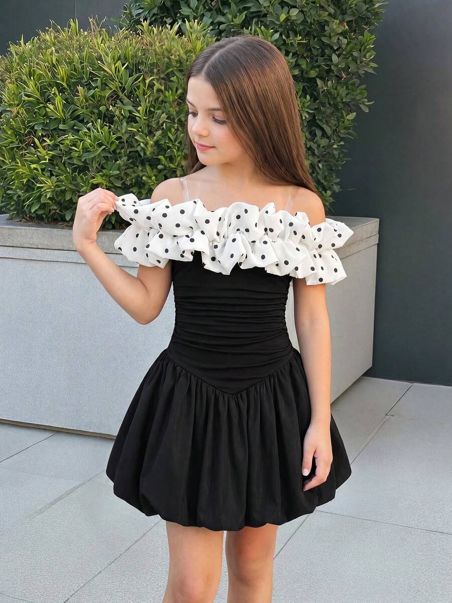 SHEIN 青少年女孩秋冬優雅露肩撞色拼接燈籠裙襬抓皺修身洋裝 誇張荷葉邊派對洋裝 晚禮服 黑色 - 黑色 - 查看 1