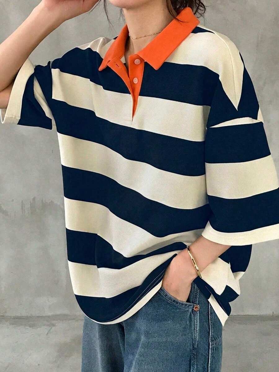 FRIFUL 女款黑白寬鬆條紋 Polo 領中袖休閒夏季 T-shirt - 藏蓝色 - 查看 1