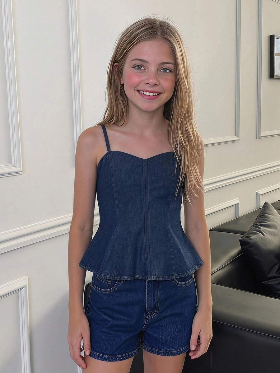 DAZY Tween Girl Summer Casual Washed Denim Camisole Top - Navy Blue - View 1