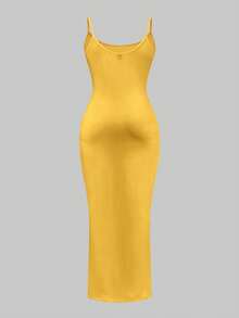 Slaydiva Casual Plus Size Women's Solid Color Fitted Spaghetti Strap Dress - Yellow - View 2