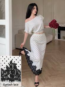 Modelyn Lace Patchwork Polka Dot Print Skirt - Apricot - View 8