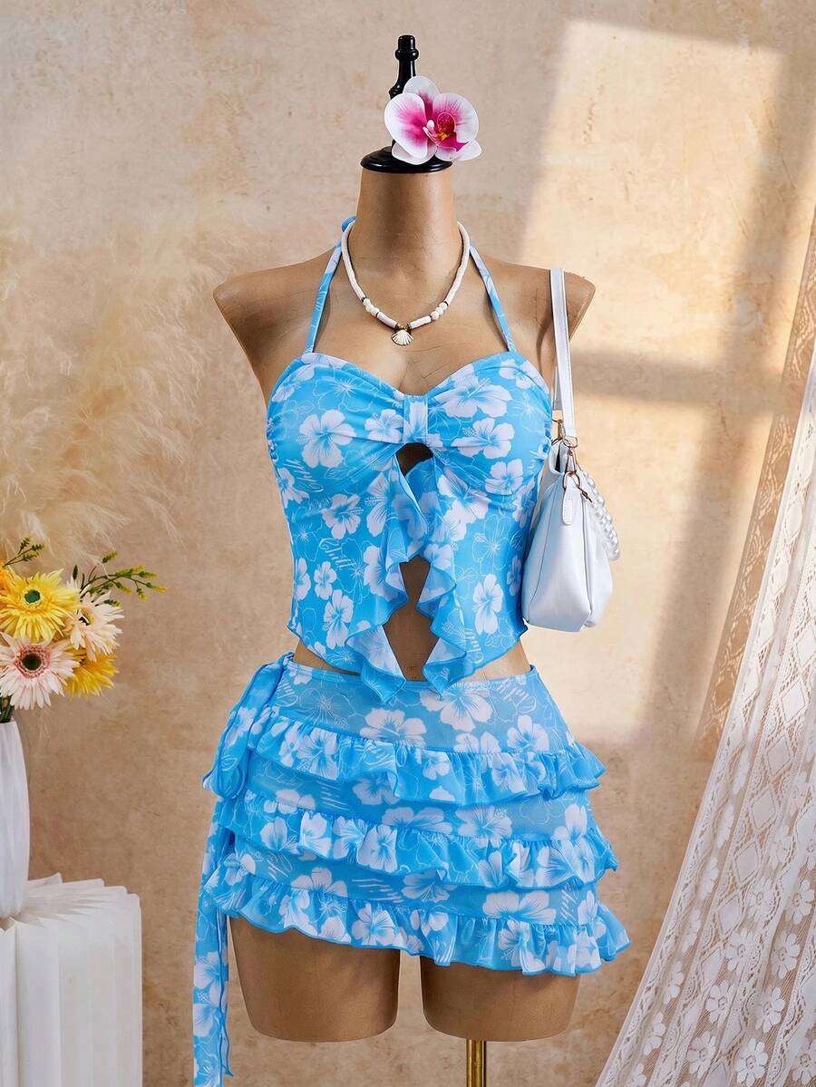 Bellisia 女款度假花卉印花百褶掛脖綁帶上衣與三角比基尼泳褲套裝,附多層荷葉邊綁帶裙 - 彩色 - 查看 1