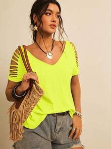 Freevana Women's Plus Size Summer Casual Solid Color Hollow Out Short Sleeve T-Shirt Vacation Neon Green - Green - View 7