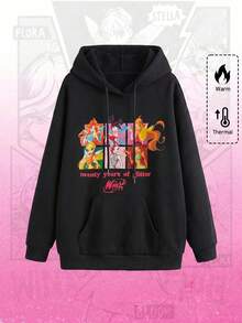 Winx Club X ROMWE Cartoon Graphic Kangaroo Pocket Drawstring Hoodie - Black - View 1