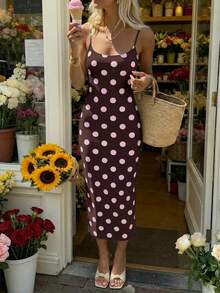 SHEIN EZwear 休閒極簡度假多巴胺色圓點貼身吊帶洋裝，適合夏季、度假、圓點印花洋裝、圓點、波點、杜卡迪圓點、夏季洋裝，適合日常通勤、約會、聚會、秋冬/夏季、聖誕節、新年、感恩節、派對、婚禮、海灘 - 彩色 - 查看 4