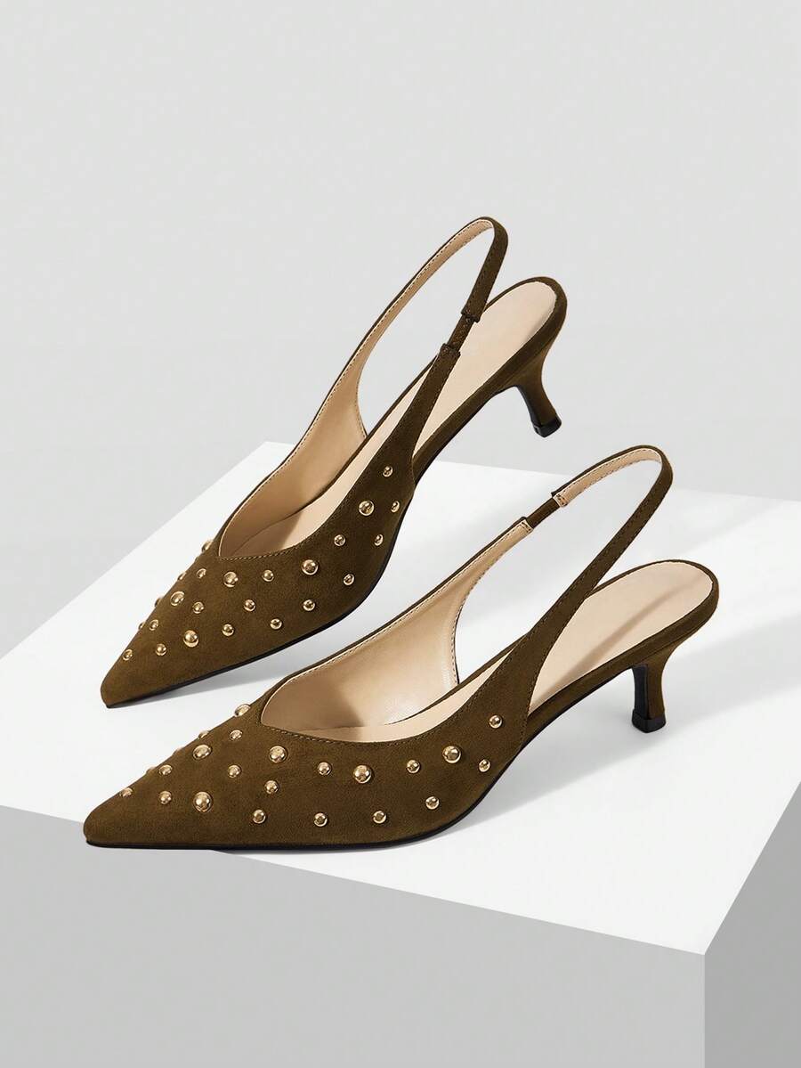 Mnmlis New Women's Shoes Fashion Rivets Exposed Heel Pointed Heels Stiletto Mules Shoes Women Summer Shoes - Olive Green - View 1