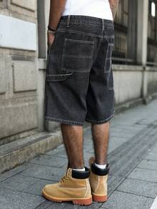 Manfinity EMRG Men's Street Style Casual Multi-Pocket Cargo Dark Gray Plus Size Denim Shorts - Dark Grey - View 6