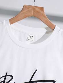 SHEIN 青少年男孩 2件組休閒字母印花短袖短褲套裝，適合生日派對、晚宴、表演、婚禮、洗禮、開幕式，適用日常穿著、上學、旅行、運動，適合春夏穿搭 - 黑與白 - 查看 7
