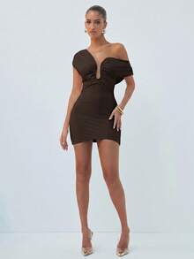 Hauture 雕塑領口垂墜迷你洋裝 - 棕色 - 查看 2