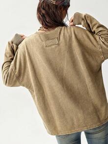 Bohemela Women's Casual Solid Color Knit Crew Neck Long Sleeve Loose Washed Sweatshirt - Brown - View 2