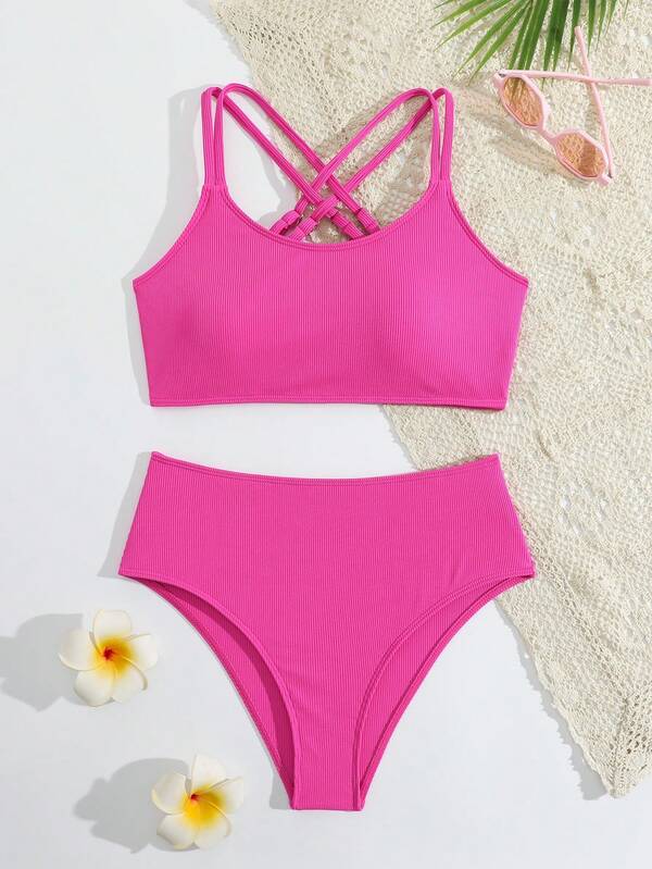 SHEIN Teen Girls Bikini Sets, Casual Rose Red Knit Fabric, Back Cross Adjustable Shoulder Straps, Fashionable Casual Exquisite Elegant Lady, Suitable For Swimming, Summer Vacation, Summer Beach, Seaside, Pool, Swimming Pool, Summer Holiday Party, Casual Vacation