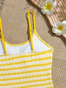 SHEIN TEEN Girl Striped Pattern Vacation Style One-Piece Swimsuit - Yellow - View 4