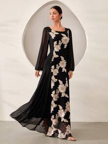 Graceveil Black Embroidered Contrast Mesh Elegant Fashionable Evening Ball Gown Long Dress For Women - Black - View 5