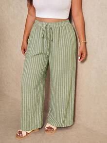 Elaquor Plus Size Women's Light Green Drawstring Waist Loose Long Pants Summer Versatile Beach Vacation Casual - Green - View 1
