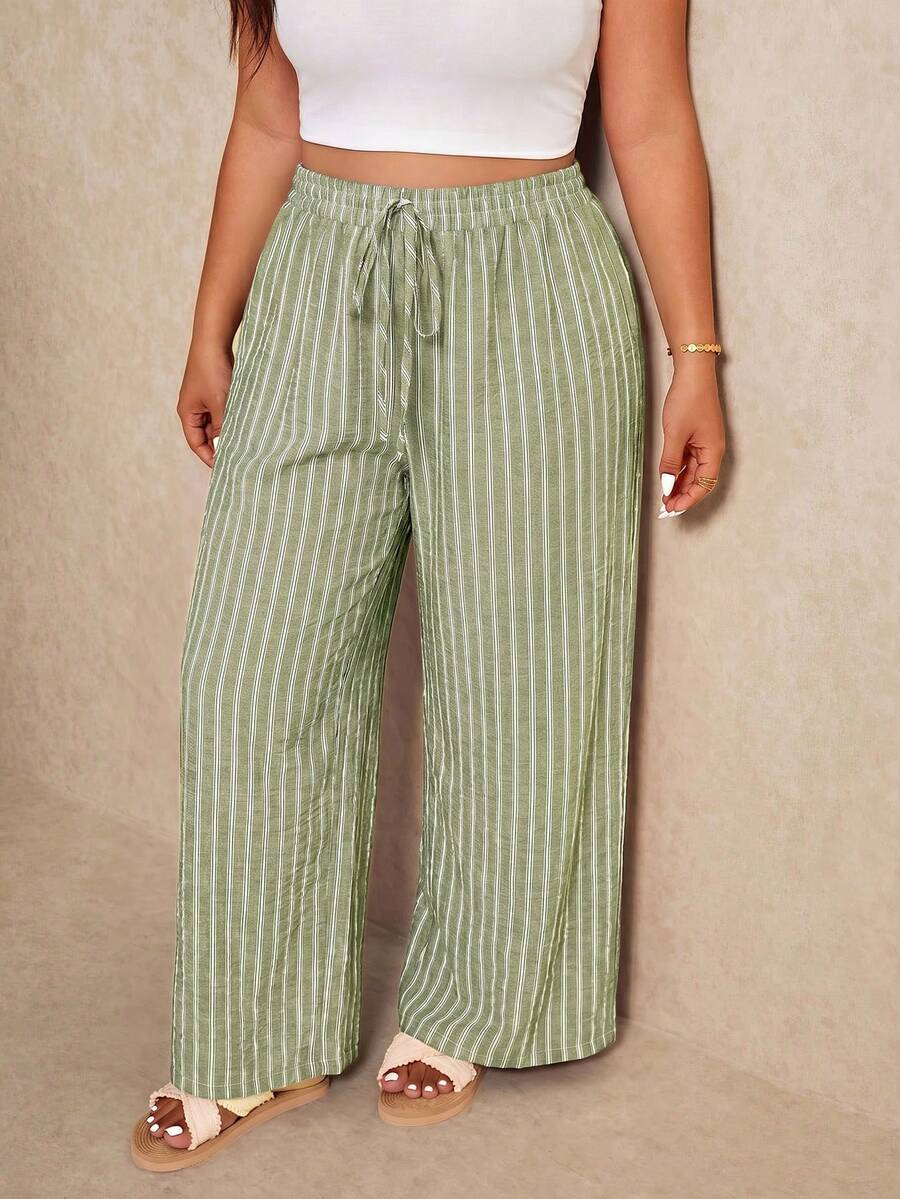Elaquor Plus Size Women's Light Green Drawstring Waist Loose Long Pants Summer Versatile Beach Vacation Casual - Green - View 1