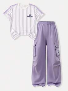 Casuvi Kids 青少年女孩T恤套裝，都市休閒圓領落肩寬鬆拼接色塊復古美式字母可愛甜美活力短袖套裝+ - 淡紫色 - 查看 5