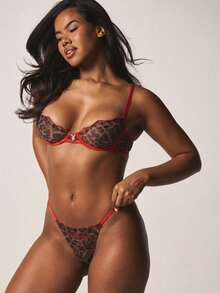 Missguided x Playboy Leopard Print Mesh Bra And Thong Panty Set With Rhinestone Logo And Red Trim Detailing - Red - View 5