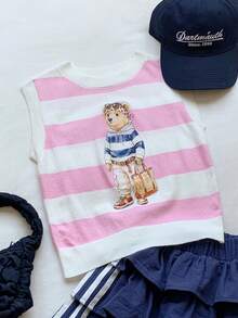 Comfortcana Women's Striped And Cartoon Pattern Colorblock Trim Sleeveless Knit Vest - Pink - View 6