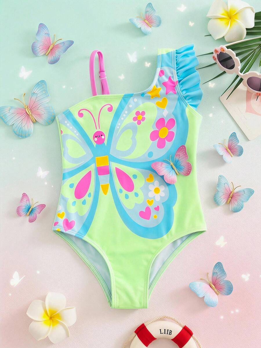SHEIN 少女蝴蝶花卉印花可愛連身泳衣 - 彩色 - 查看 1