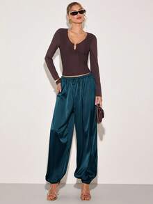 COSMINA Pantalones largos holgados de pierna ancha con diseño de cordón en la cintura y puños para mujer, unicolor - Verde - Ver 7