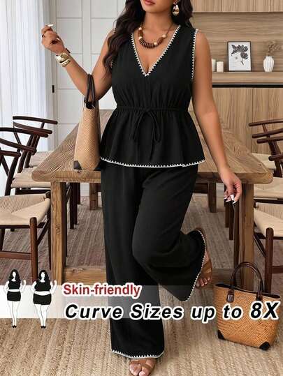 SHEIN CURVE+ Size Casual Resort Style Black & White Contrast Shell Flower Crafted Sleeveless A-Line Dress And Straight Leg Casual Pants 2 Pieces Set, Summer Outfit