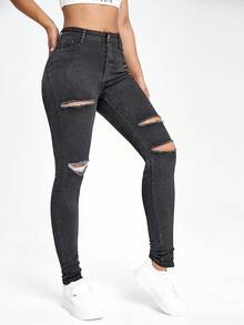 SHEIN EZwear 黑色斜口袋破洞緊身牛仔褲 - 淺灰色 - 查看 4