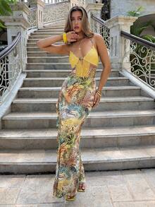 Aloruh Women's Spring/Summer Vacation Butterfly Mesh Print Halter Neck Lace Patchwork Extra Long Slit Ruffle Hem Dress - Multicolor - View 5