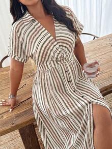 Weeklong Plus Size Women's Spring/Summer Colorful Retro Striped Print Long Sleeve Twist Knot Shirt Collar A-Line Casual Vacation Maxi Dress - Multicolor - View 5