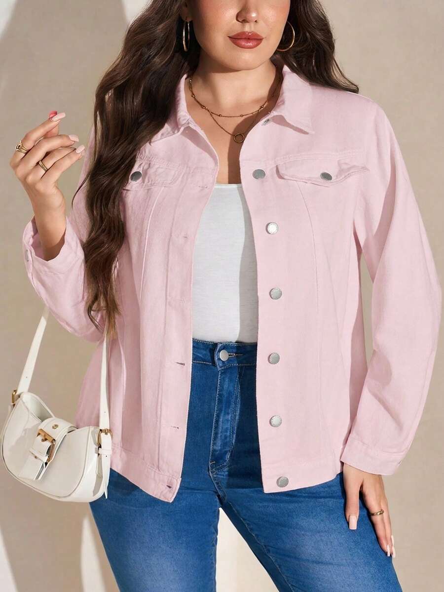 SHEIN LUNE 大尺碼女款長袖單排扣休閒牛仔外套 - 粉色 - 查看 1