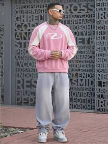 Devon Thys Men's Loose Knitted Long Sleeve Pullover Sweatshirt, Fall, Winter - Pink - View 2