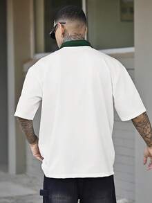 Devon Thys 男士字母印花短袖休闲通勤 Polo 衫，男士夏季服装，青少年服装，翻领短袖纽扣撞色 Polo 衫，“洛杉矶”印花，日常休闲，适合外出，送给男友的绝佳礼物，返校季，学院风，常春藤风格 - 彩色 - 查看 4