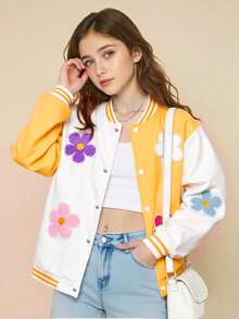 SHEIN Elladie kids 青少年女孩秋季休閒時尚春夏秋款彩色3D花朵拼接棒球夾克，度假穿搭 - 黃色 - 查看 4