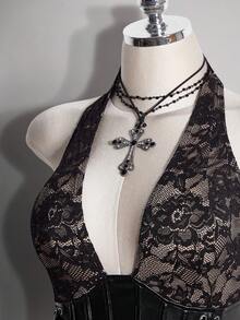 SHEIN ICON 大尺碼女款性感蕾絲拼接露背掛脖上衣，適合夏季 - 黑色 - 查看 8