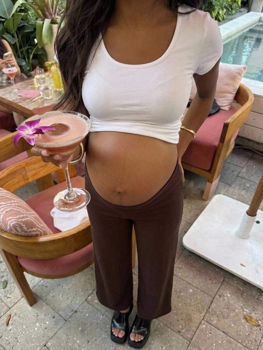 SHEIN Maternity Solid Color High Waist Casual Loose Pants - Coffee Brown - View 1