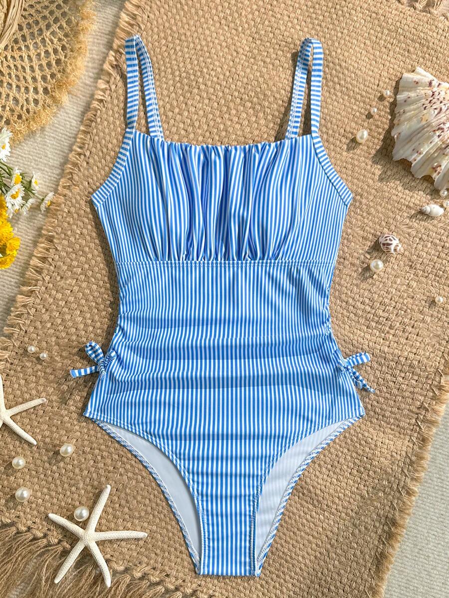 SHEIN Tween Girl Blue & White Striped Print Ruched Bust One-Piece Swimsuit - Blue and White - View 1