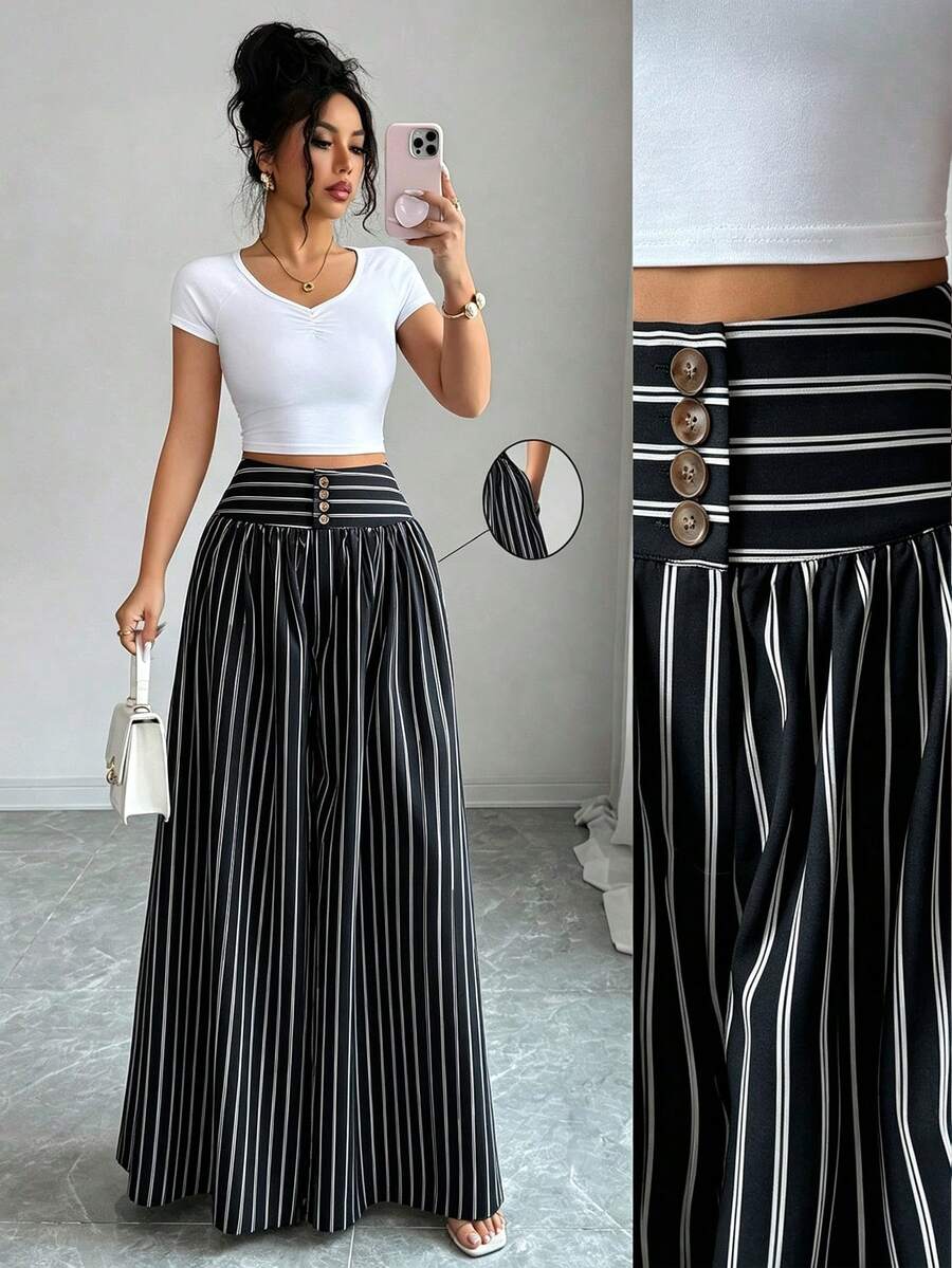 Elenzga Women's High Waist Striped Casual Fashion Long Pants - Black - View 1