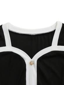 SHEIN Franclia 女款法式風格拼色方領飾邊直條紋前開鈕扣開衩下擺休閒/專業洋裝 黑白洋裝 女款鈕扣洋裝 貼身洋裝 燕尾洋裝 女款法式洋裝 - 黑色 - 查看 3