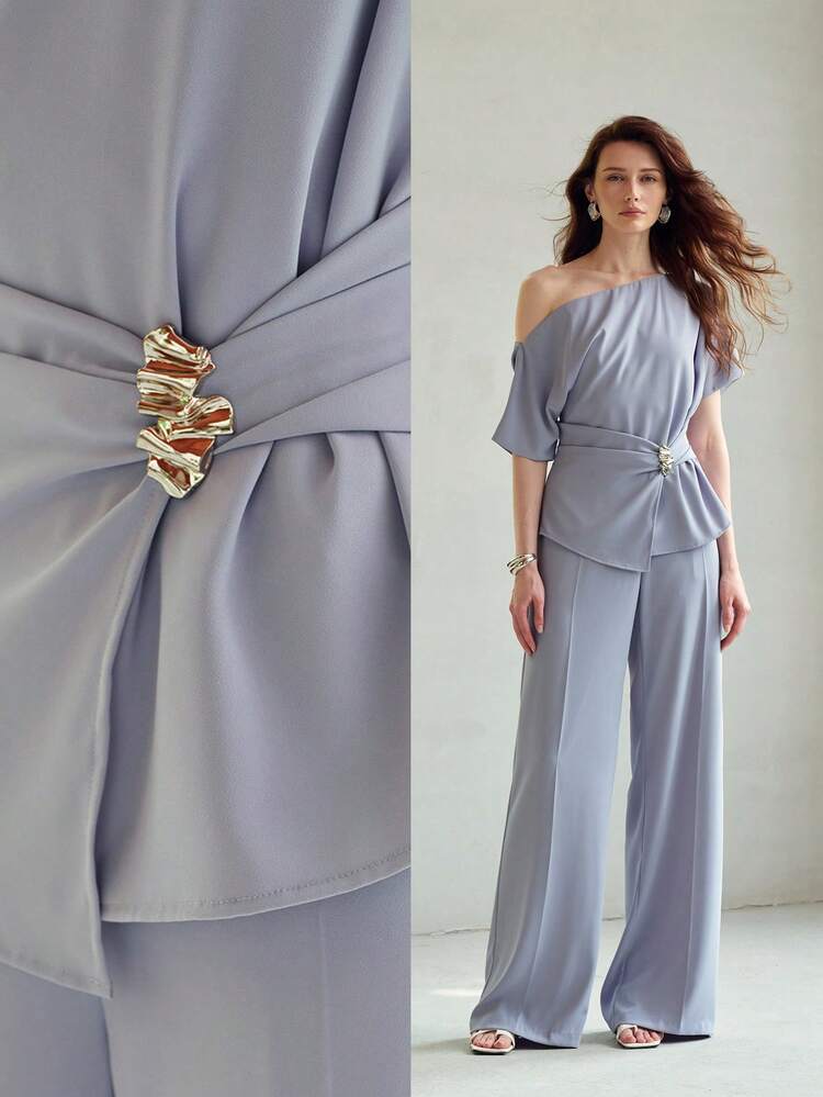 WOMEN'S ELEGANT RUCHED ASYMMETRIC NECK TOP & PANTS 2 PIECES SET