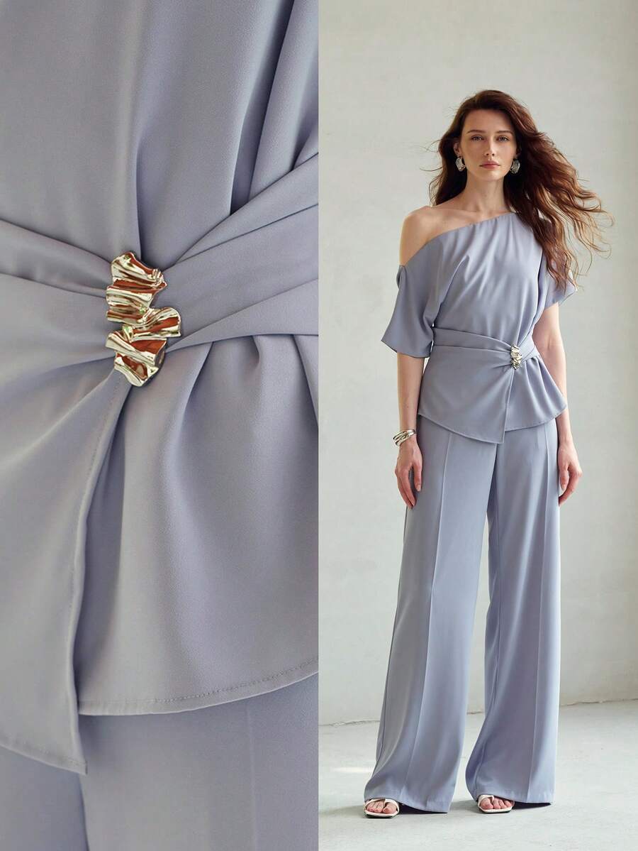 MOTF PREMIUM WOMEN'S ELEGANT RUCHED ASYMMETRIC NECK TOP & PANTS 2 PIECES SET - Baby Blue - View 1