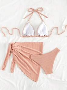 Swim Mod Conjunto de traje de baño de dos piezas de unicolor para vacaciones en la playa - Rosa - Ver 2