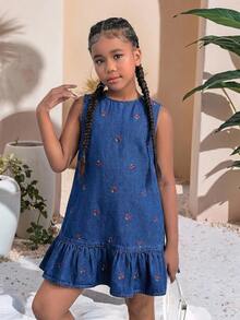 SHEIN Girls' Cherry Embroidered Pattern Dark Blue Denim Sleeveless Loose Ruffle Hem Dress - Blue - View 4