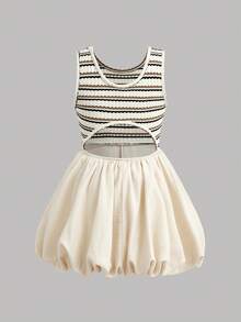 Young Girl Cute Summer Striped Knit Patchwork Hollow Out Sleeveless Dress Mommy And Me Matching Outfits (2 Sets Are Sold Separately) - Multicolor - View 2