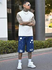 Devon Thys Men's Casual Ripped Straight Leg Blue Denim Shorts, Street Fashion For Spring/Summer - Dark Wash - View 5